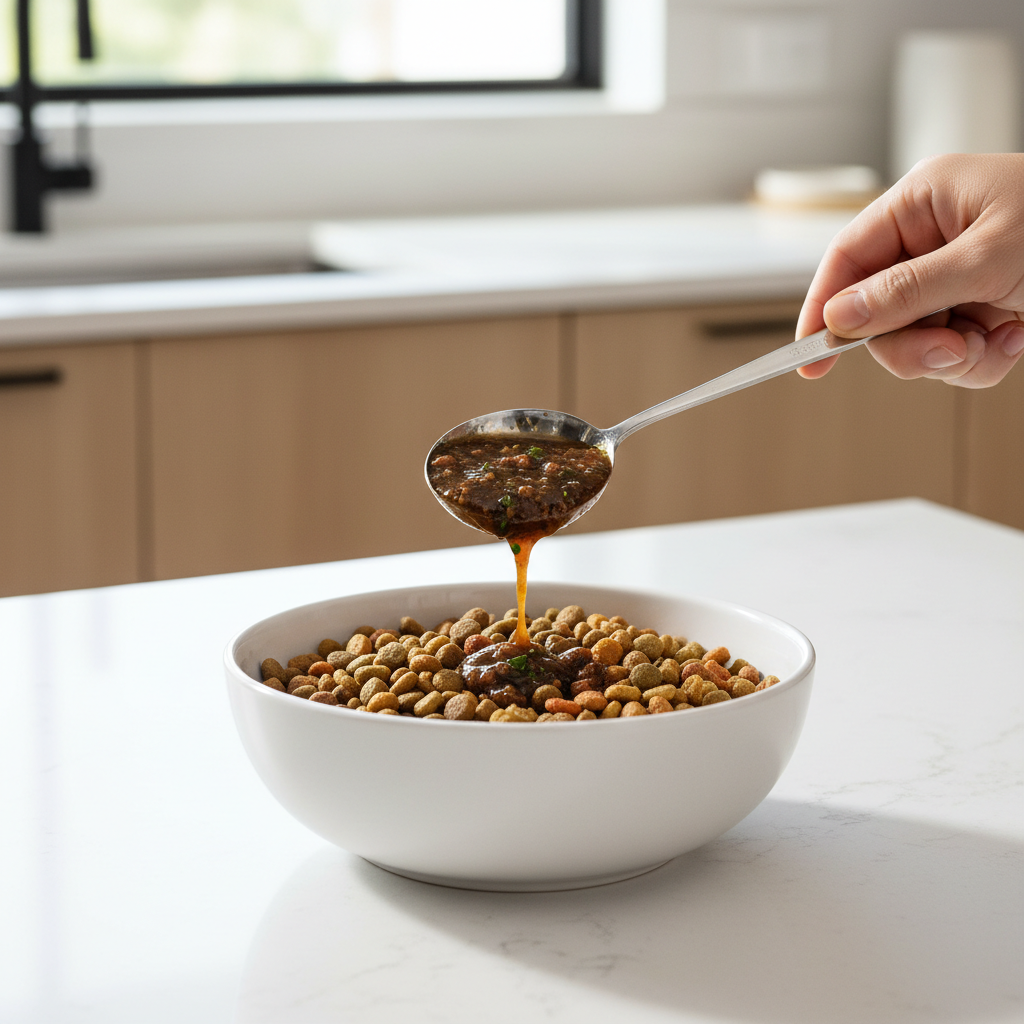 Measured portion of savory topper mixed evenly into dog kibble