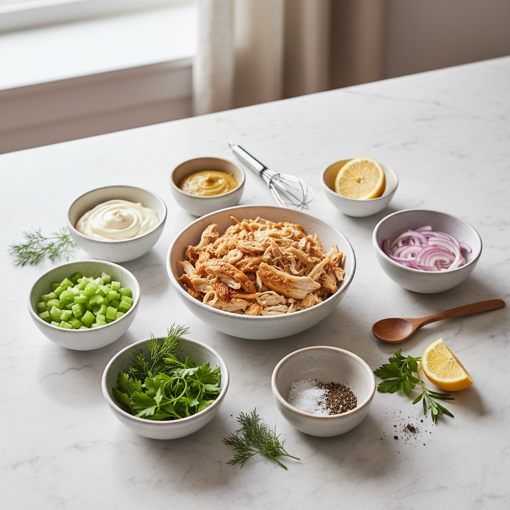 Classic chicken salad ingredients in bowls ready to mix