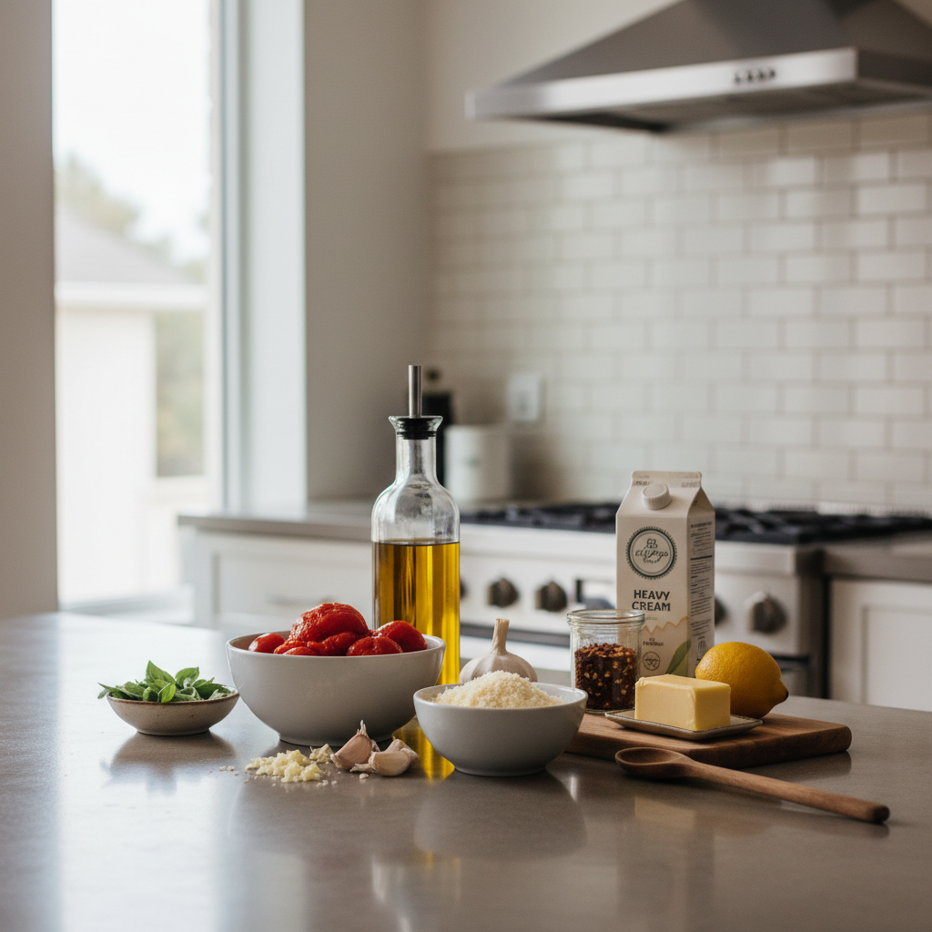 Homemade pasta sauce ingredients on a kitchen counter