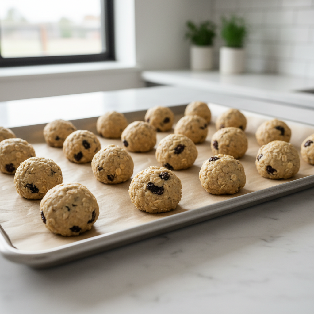Cookie dough scoops on a parchment-lined baking sheet ready to bake