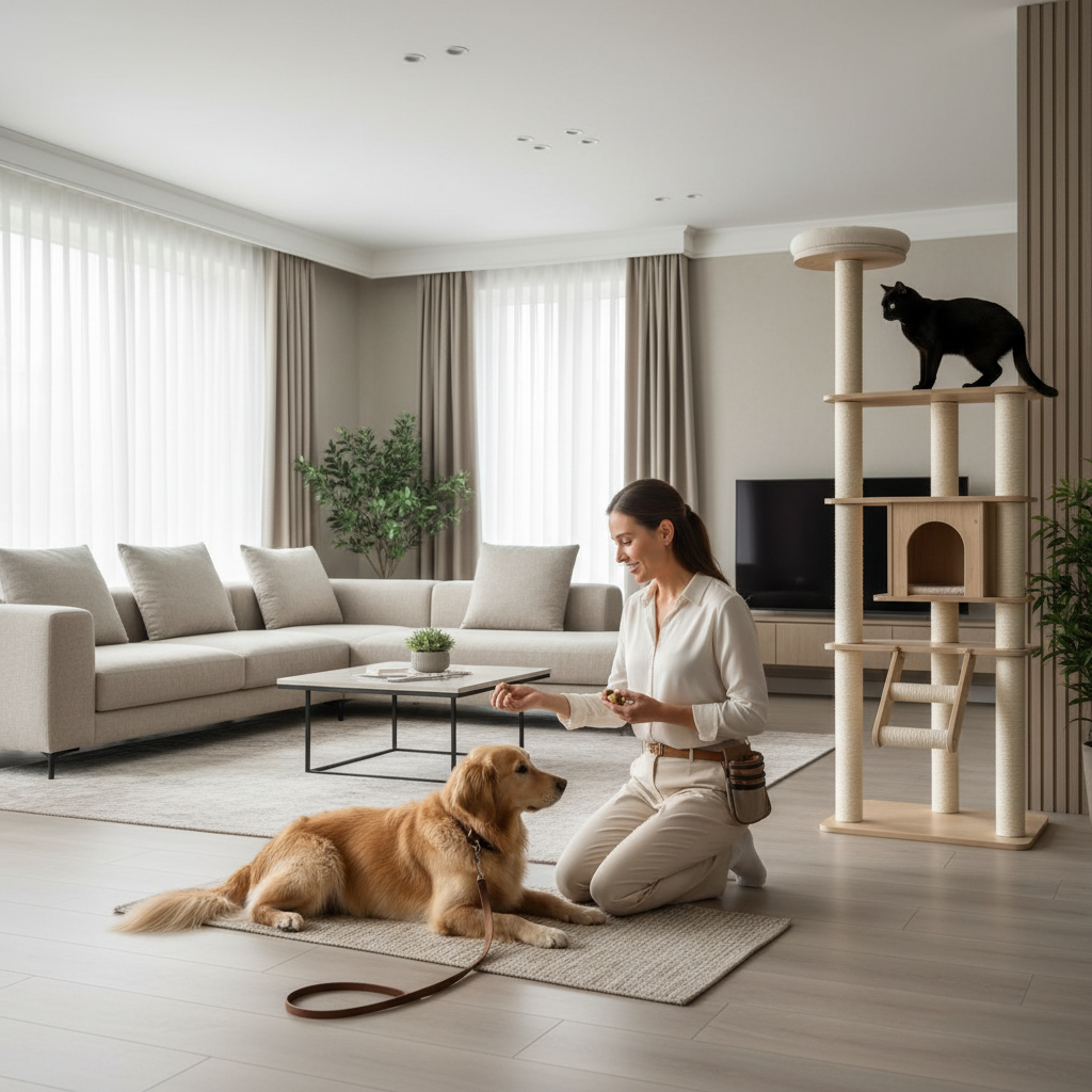 Dog on leash practicing calm behavior while cat watches from a high perch