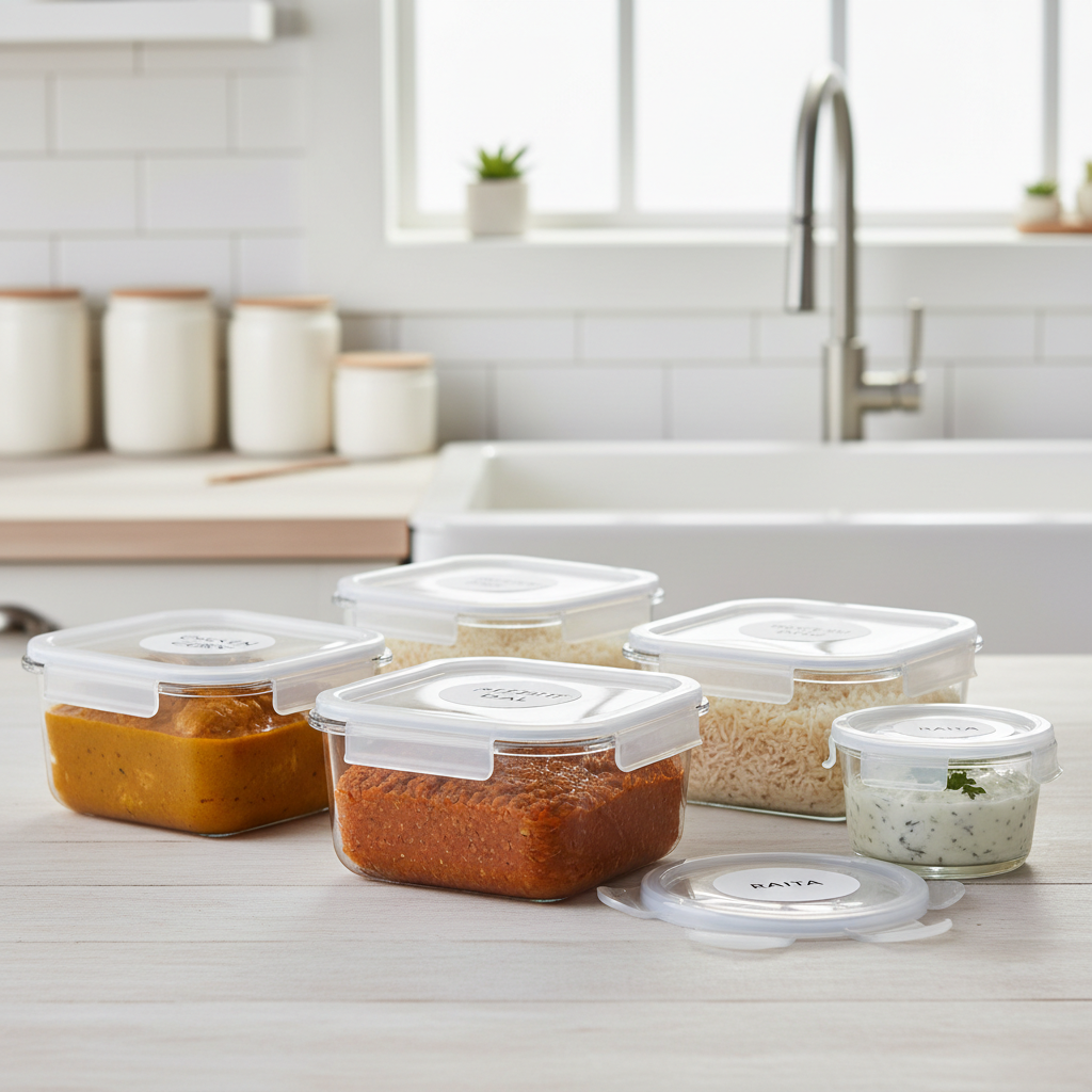 Meal prep containers with Indian curry, dal, and basmati rice
