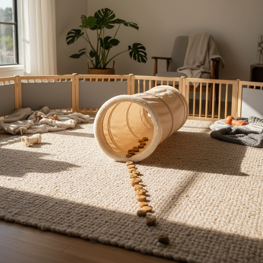 Small pet tunnel toy placed on a rug with treats leading inside