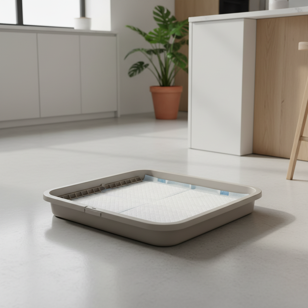 Plastic leakproof puppy potty pad holder tray on kitchen floor with pad secured