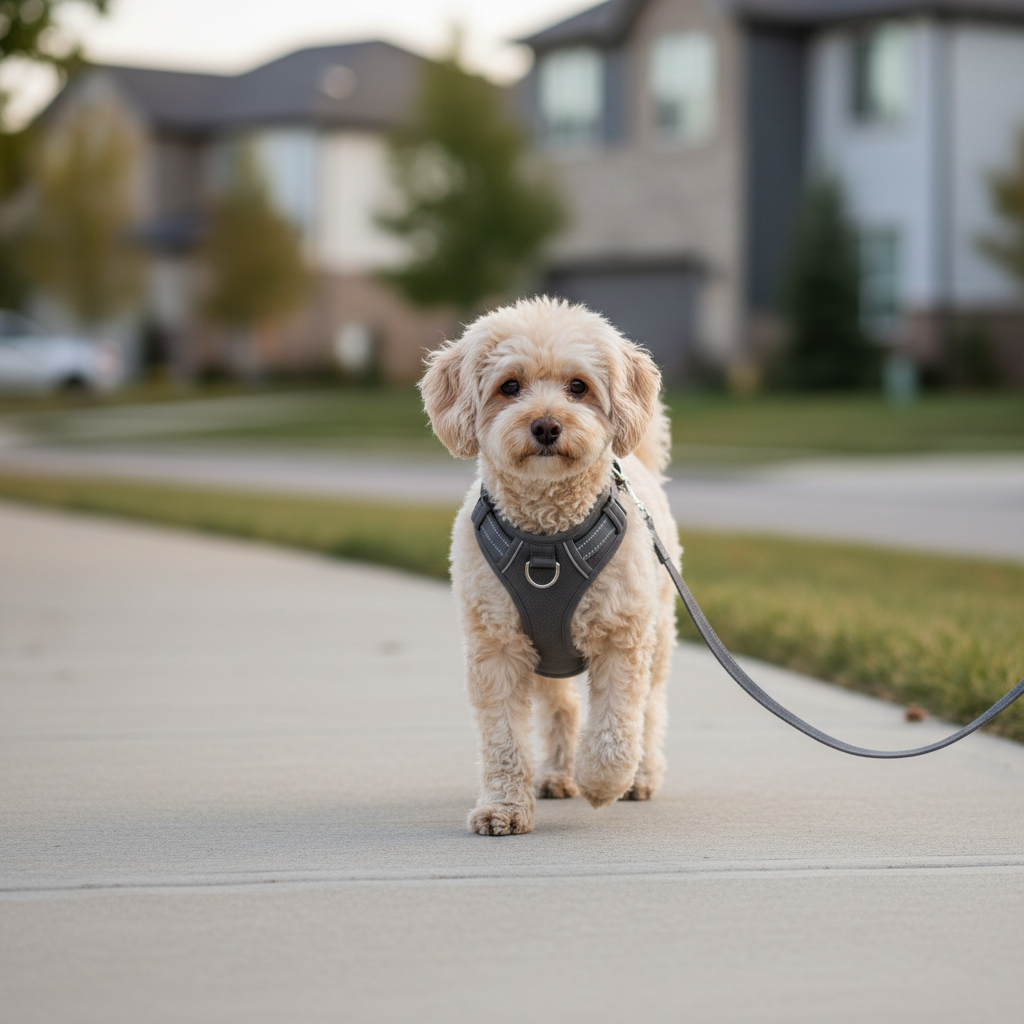 Small dog wearing a no-pull harness with proper strap placement