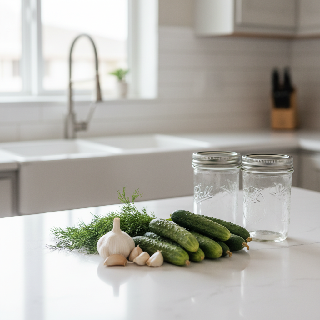 Fresh cucumbers and dill next to jars for easy homemade pickles