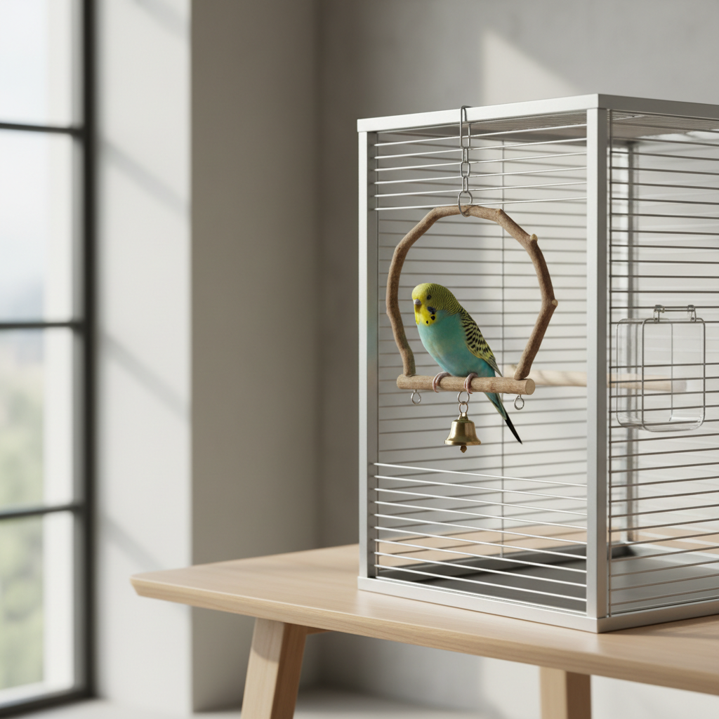 Small bird using a cage swing with a bell toy
