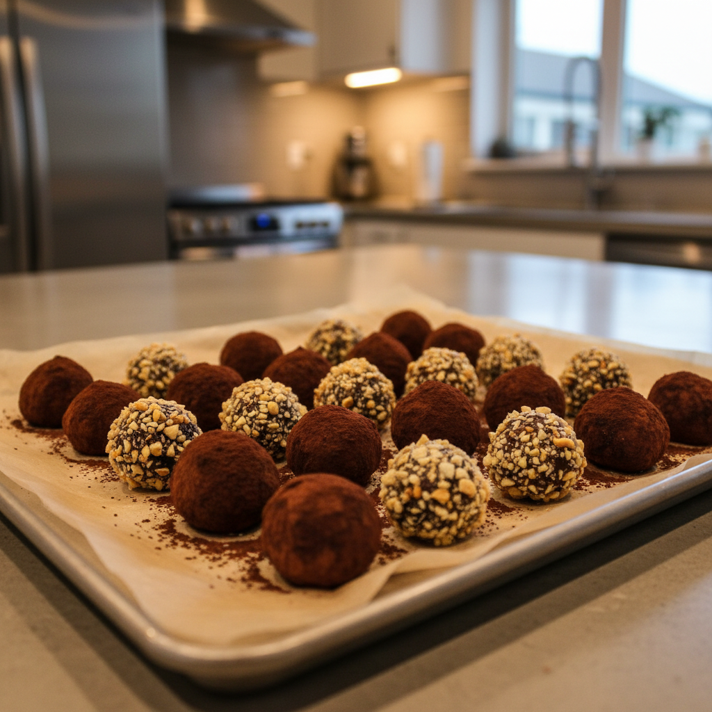 Homemade chocolate truffles coated in cocoa and nuts on a tray