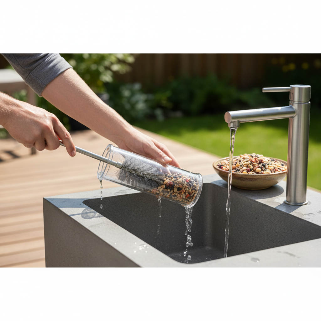 Backyard bird feeder cleaning and fresh seed refill