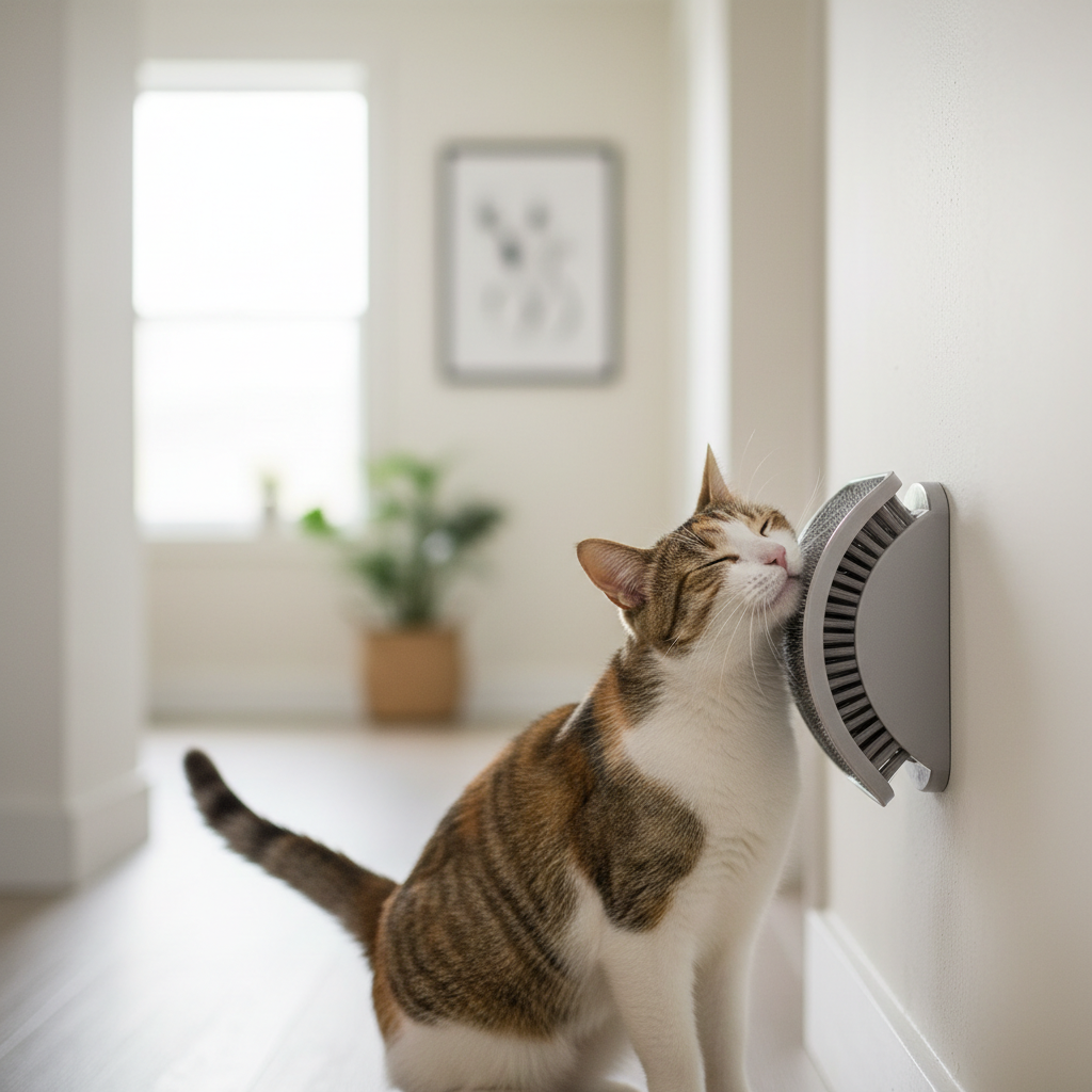 Cat rubbing cheeks on a wall-mounted self grooming brush in a home hallway