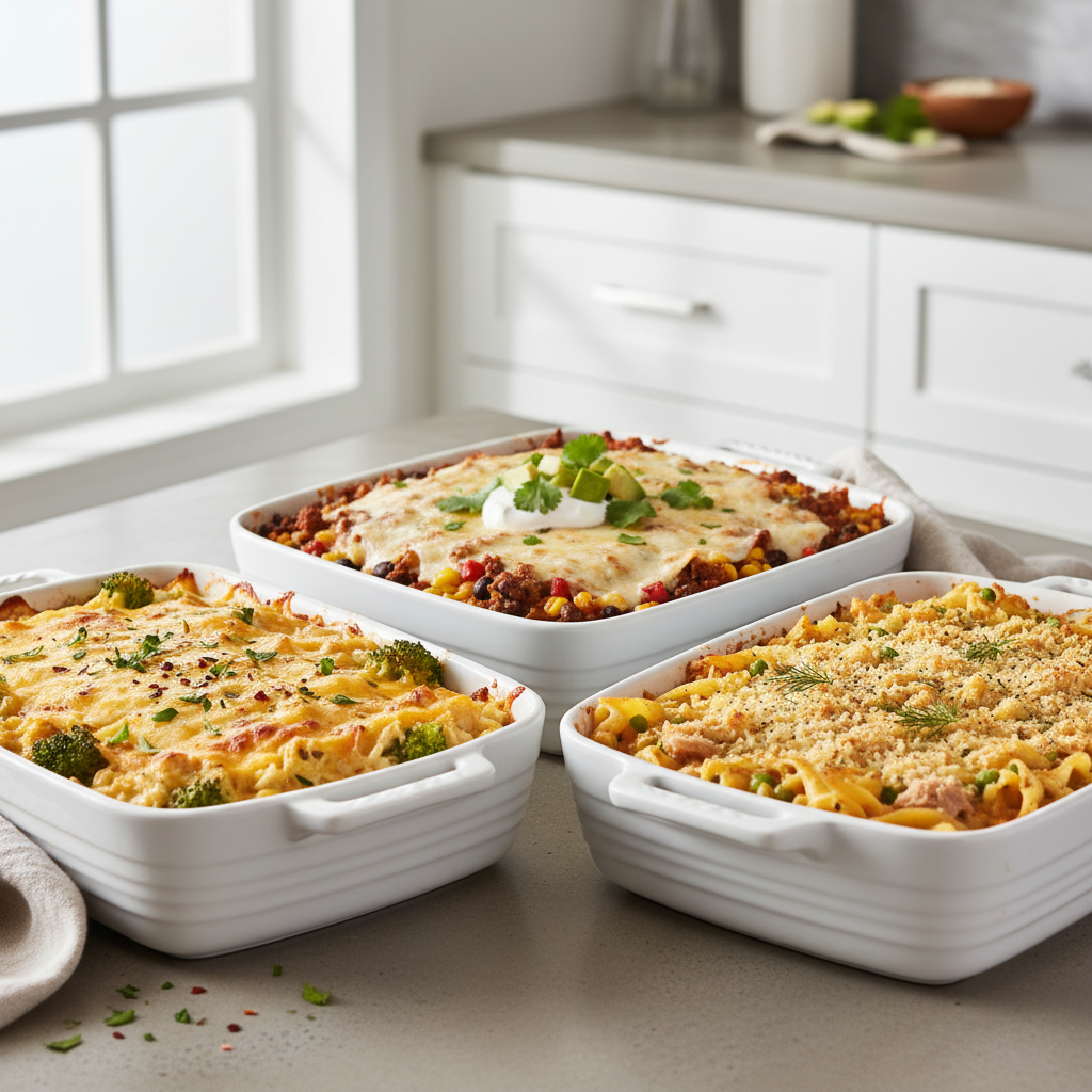 Overhead view of three different cheesy casserole options on a kitchen counter