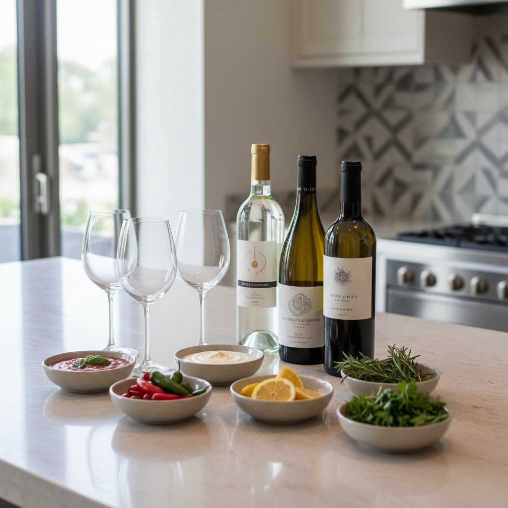 Kitchen counter with wine bottles next to labeled sauce and spice ingredients for pairing
