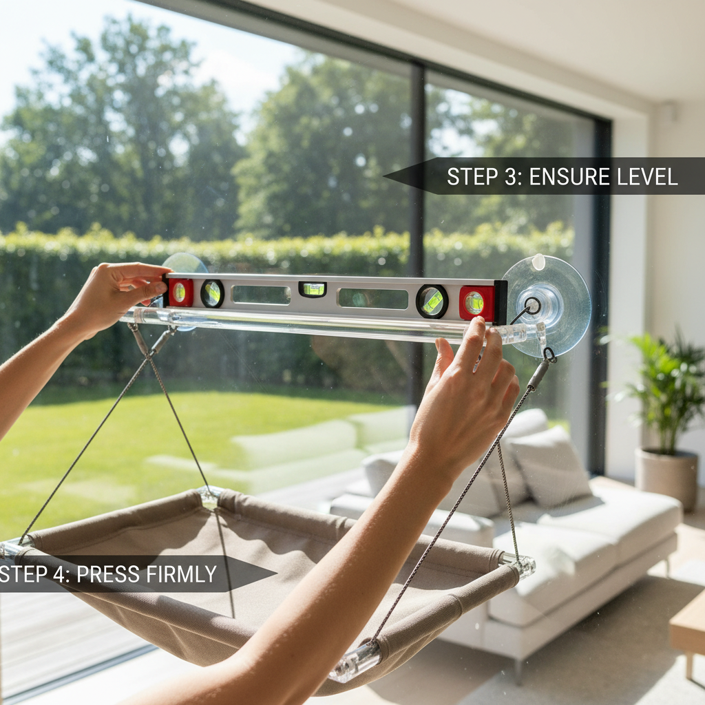 Proper installation of a heavy duty cat window hammock on clean glass with level positioning