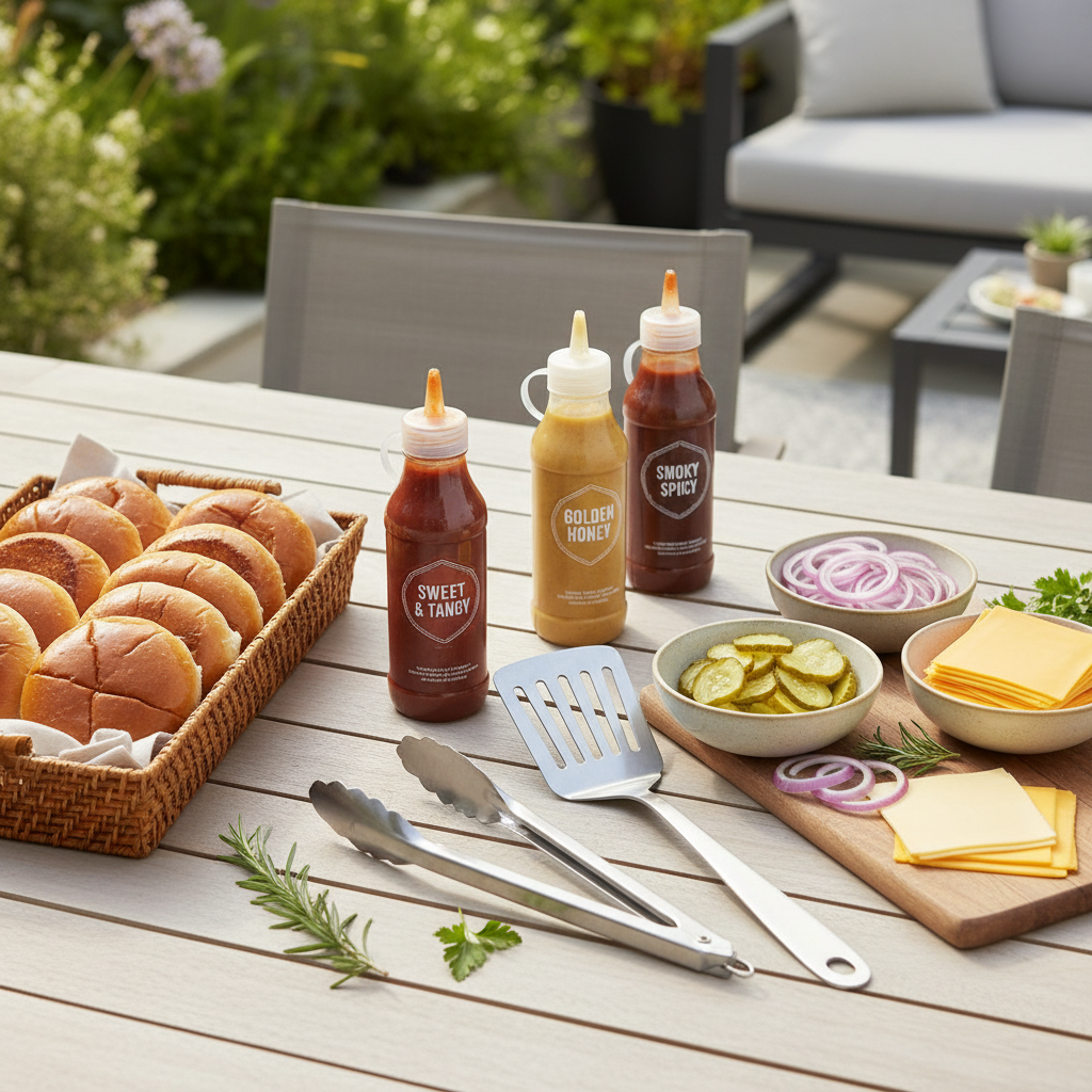 BBQ prep station with sauces, buns, and toppings for a party