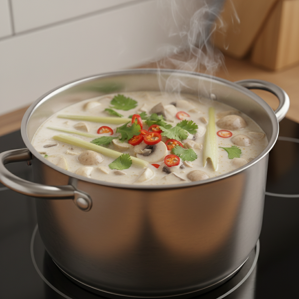 Simmering Tom Kha Gai in a pot with lemongrass and mushrooms, gentle steam