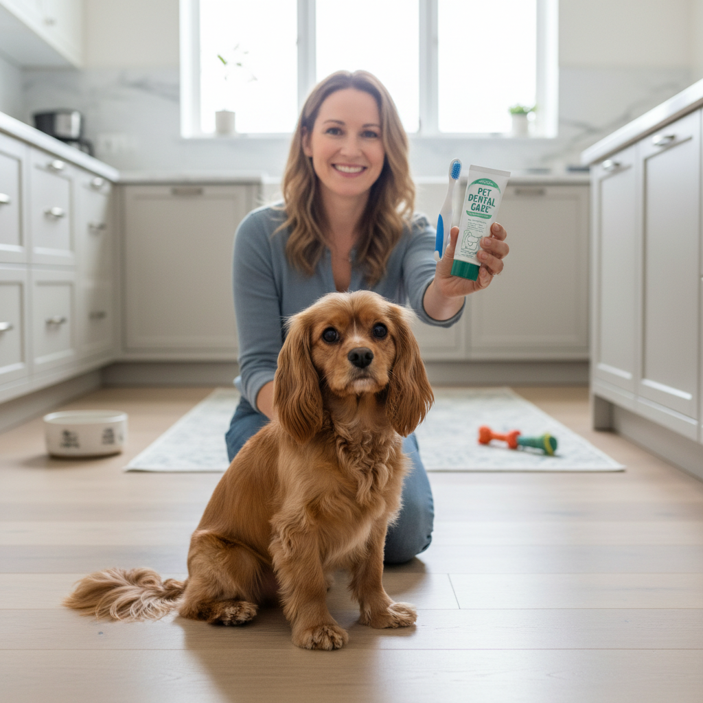 Dog oral care routine with toothbrush and toothpaste set at home