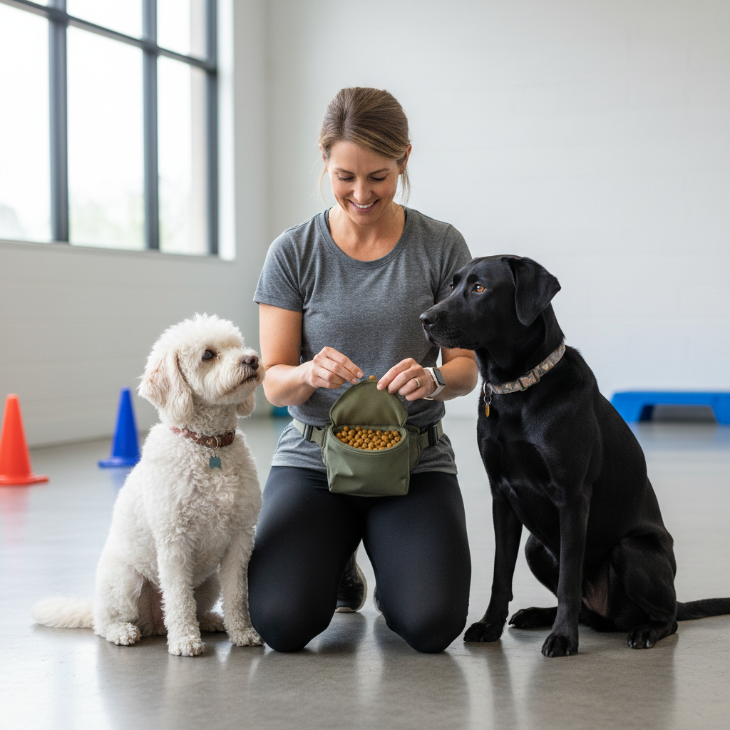 Trainer rewarding a small dog and a large dog with tiny training treats