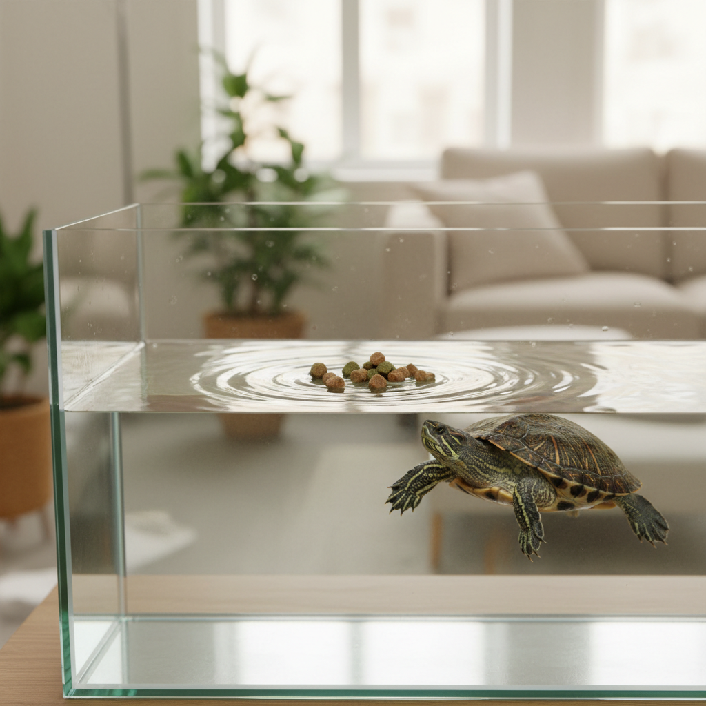 Floating turtle pellets on the water surface in a clean aquarium