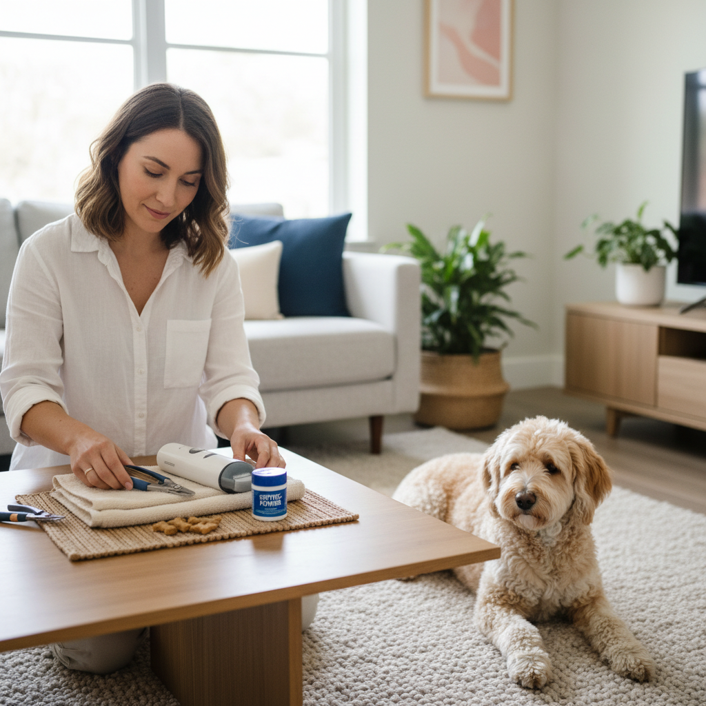 Owner preparing to trim dog nails at home with clippers and styptic powder