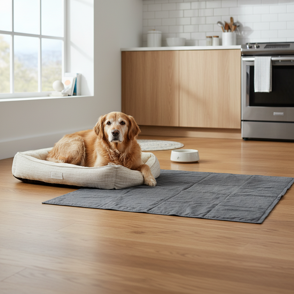 Senior dog resting on a pee pad in a clean home setup