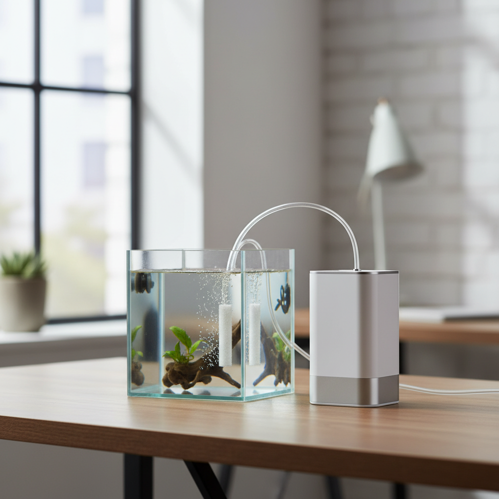 Small quiet aquarium air pump set up next to a nano tank on a desk