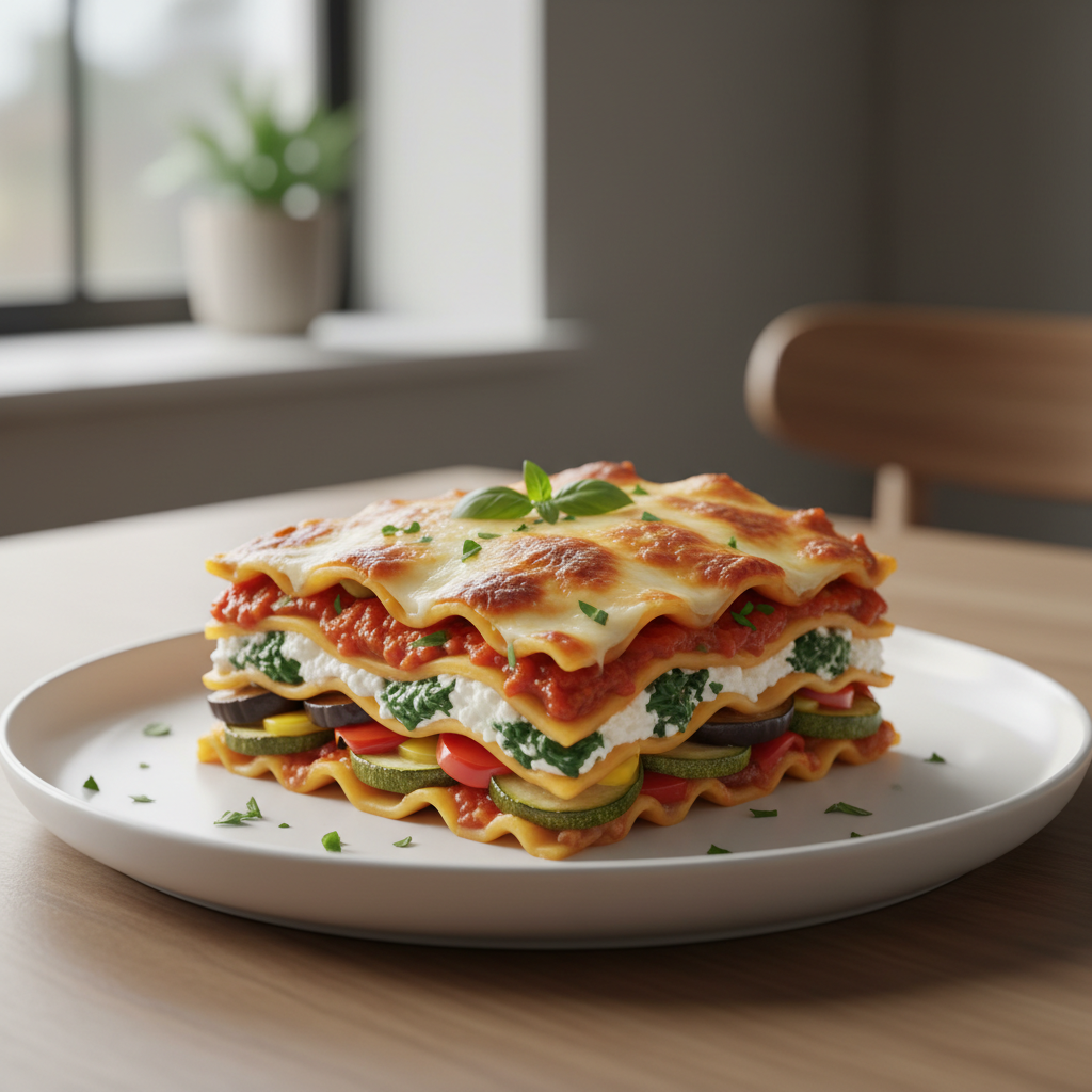 Cheesy vegetable lasagna slice with visible layers of vegetables and melted cheese