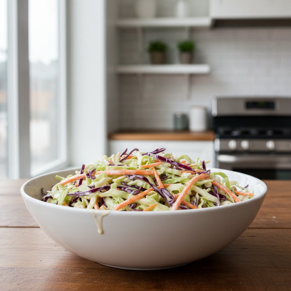 Creamy no-mayo coleslaw in a serving bowl with shredded cabbage and carrots