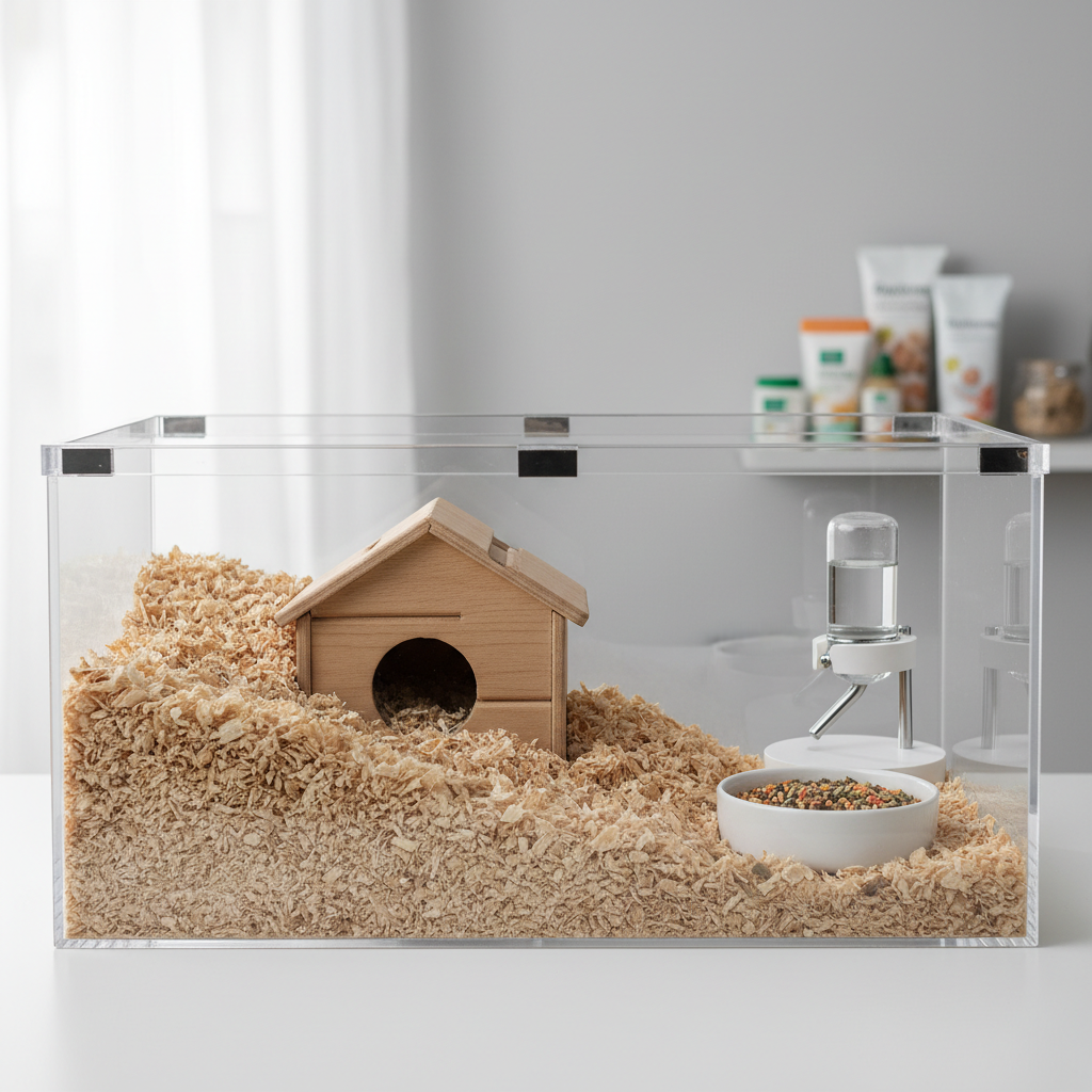 Deep aspen bedding arranged for hamster burrowing with a dig zone and hide