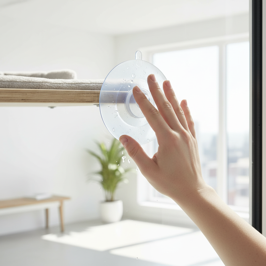 Close-up of suction cup edge lifting on a window and being re-seated for a cat perch