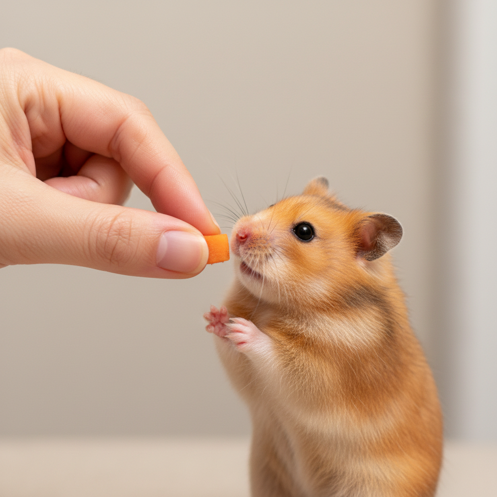 Pet owner offering a tiny piece of fresh vegetable treat to a hamster with careful portion control