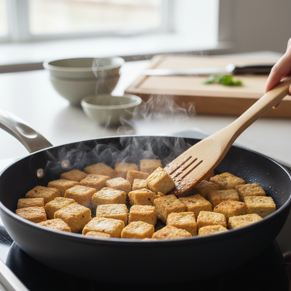 Crispy tofu cubes in a skillet for an easy tofu stir fry