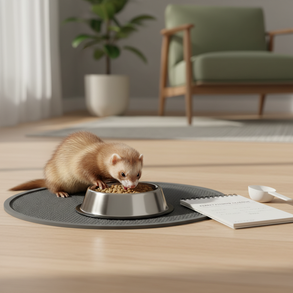 Healthy ferret eating high-protein food with feeding schedule notes