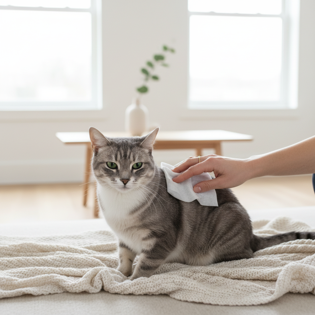 Hypoallergenic cat grooming wipes used to gently clean a cat at home