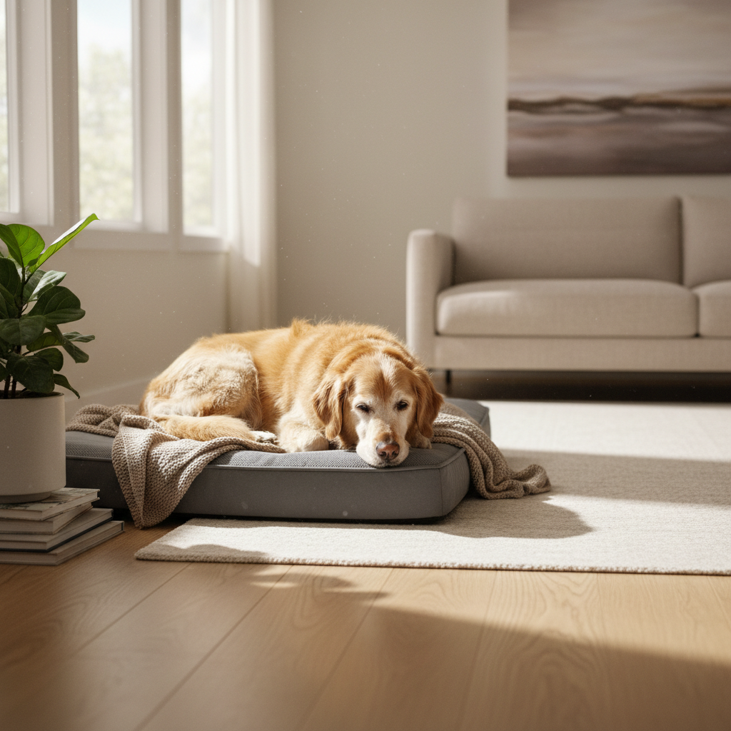 Senior dog with joint stiffness resting comfortably at home