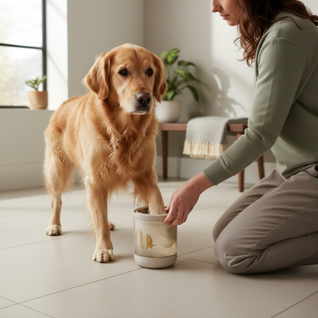 Dog paw cleaner cup used at entryway to stop muddy paw prints