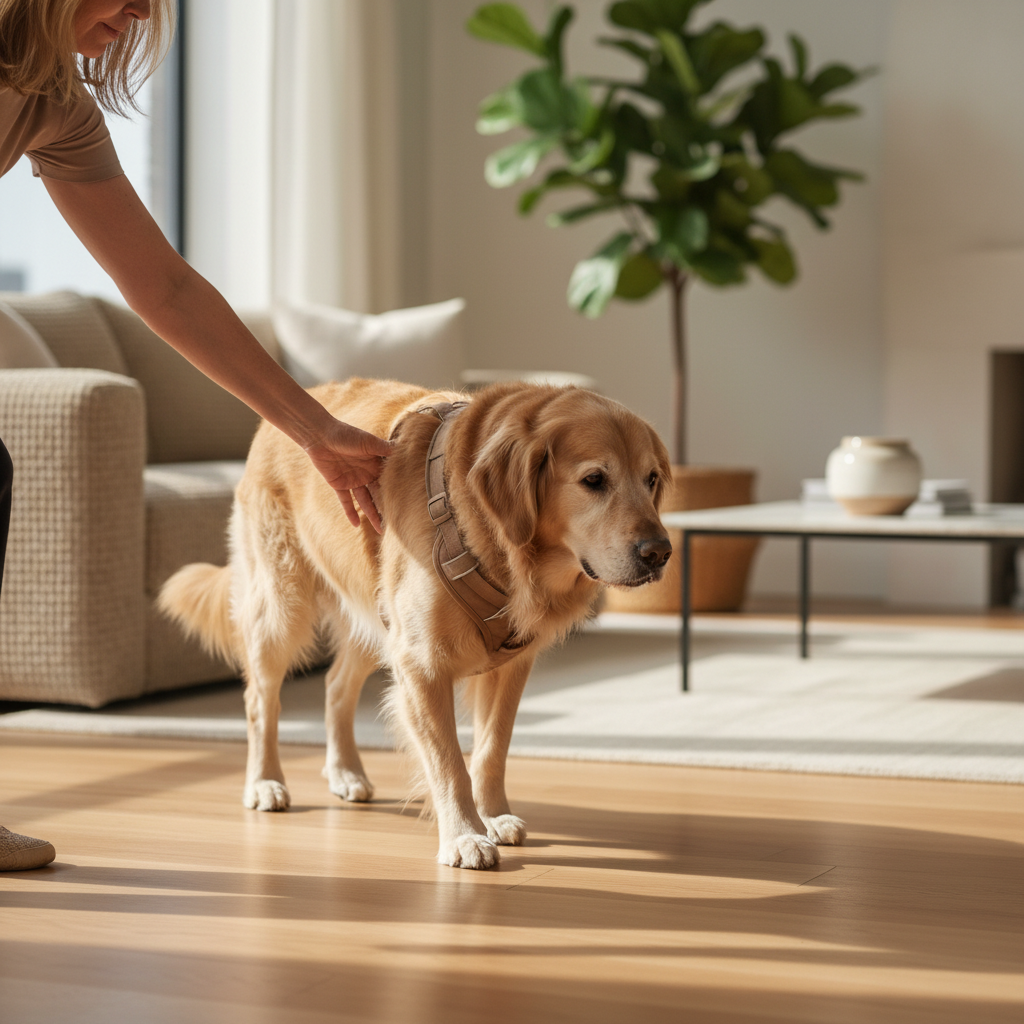 Older dog being gently supported while walking indoors