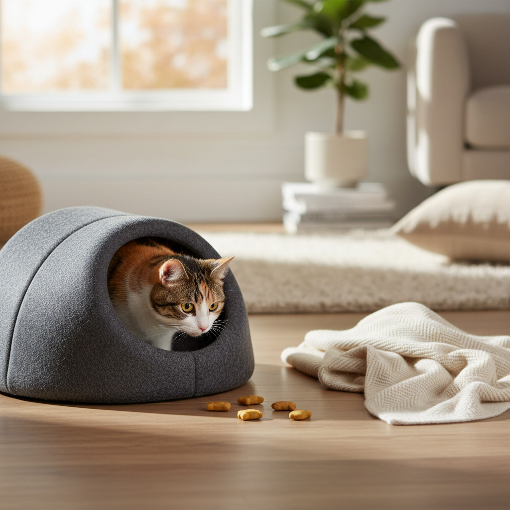Cat exploring a cave bed with treats and a familiar blanket nearby