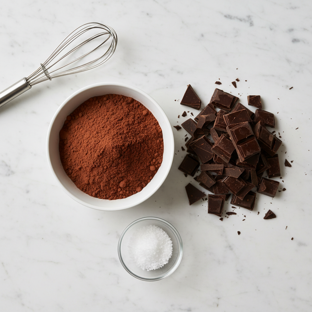 Dutch-process cocoa and chopped dark chocolate on a prep board
