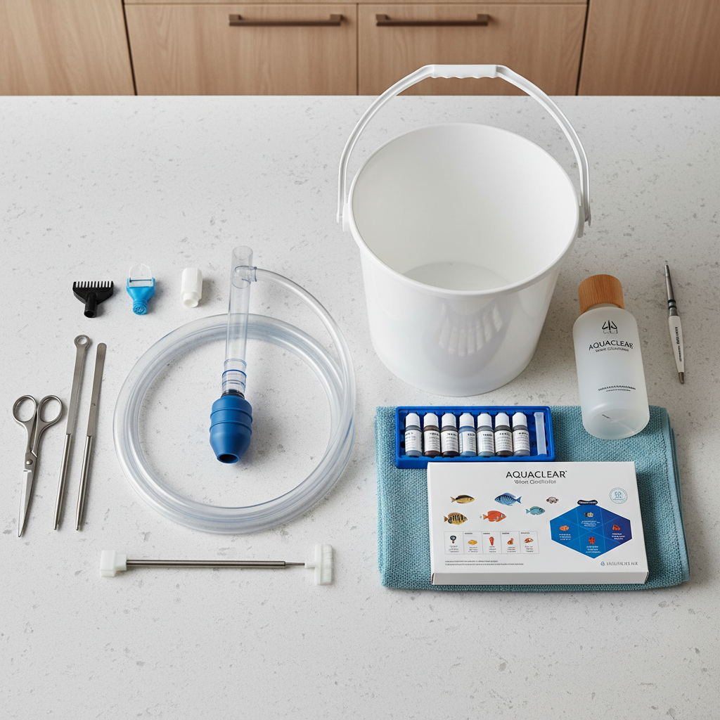 Aquarium maintenance setup with gravel siphon bucket water conditioner and test kit