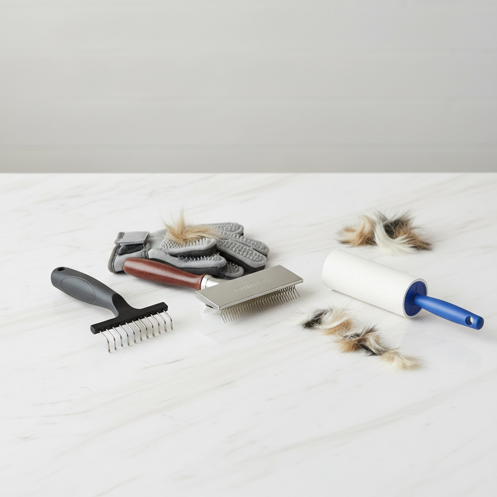 Pet hair removal tools comparison: glove, brush, lint roller on a table