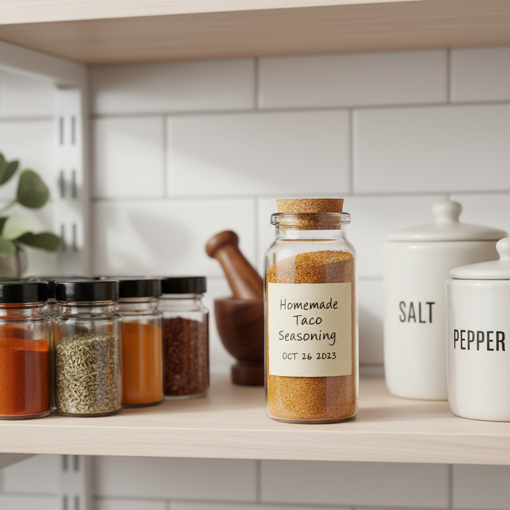 Jar of homemade taco seasoning labeled with date in a spice cabinet