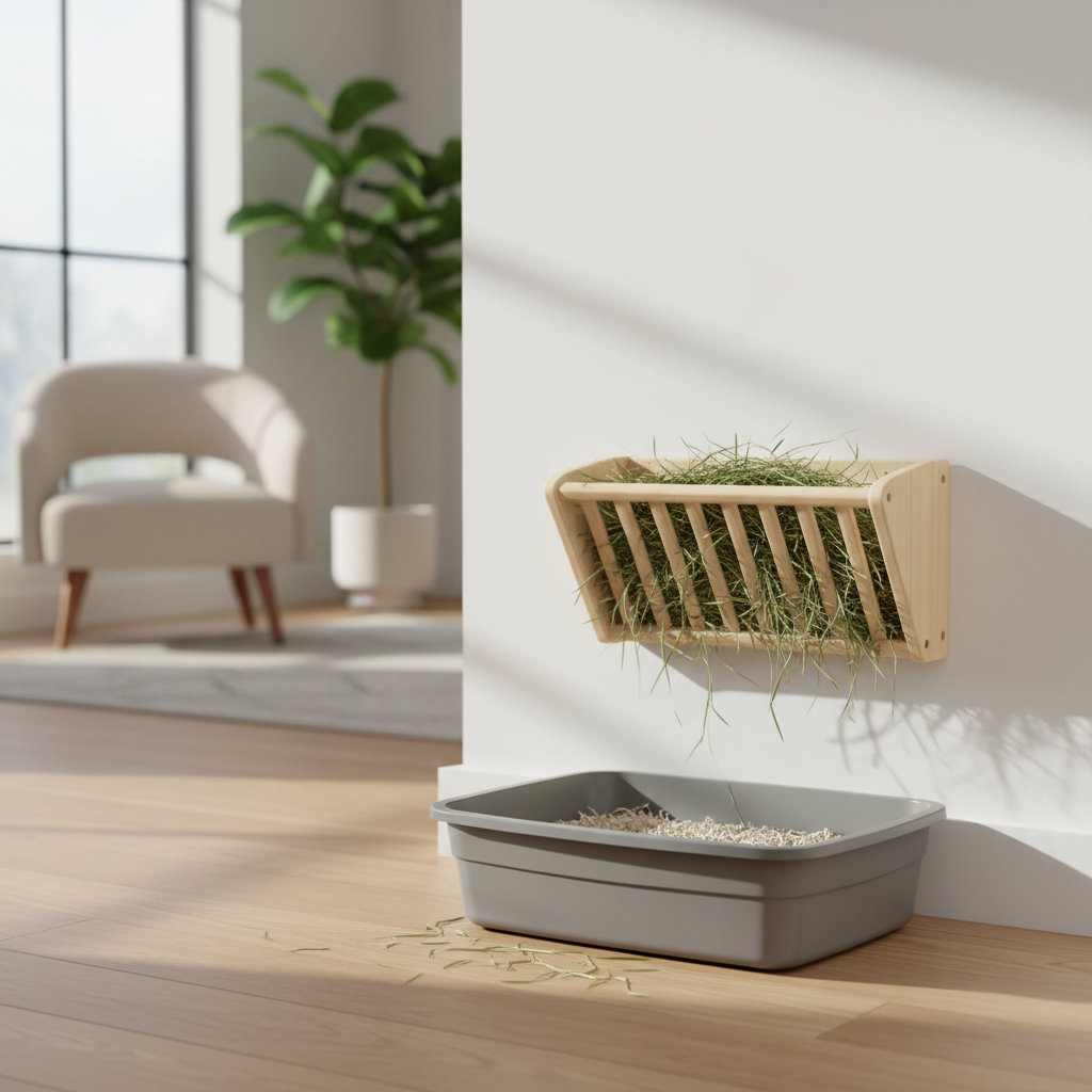 Wooden rabbit hay rack mounted near a litter box for low-waste feeding