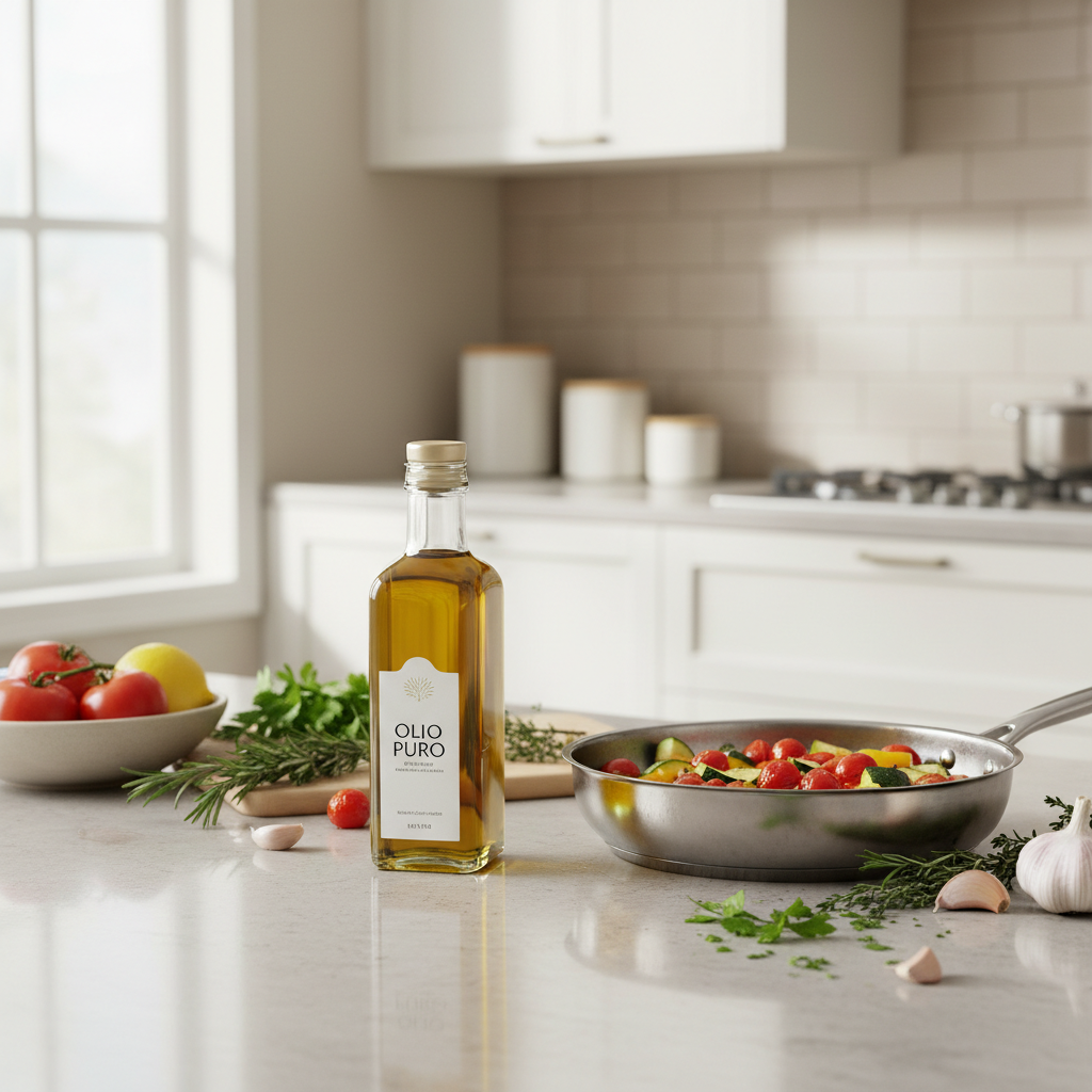 Olive oil cooking setup on a home kitchen counter with skillet and ingredients