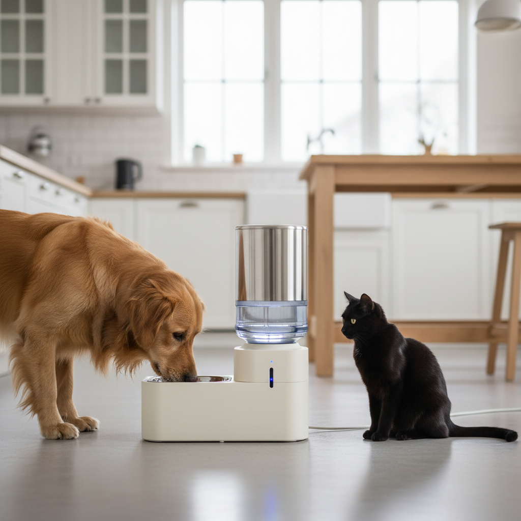Large capacity automatic pet water dispenser in a multi-pet home kitchen