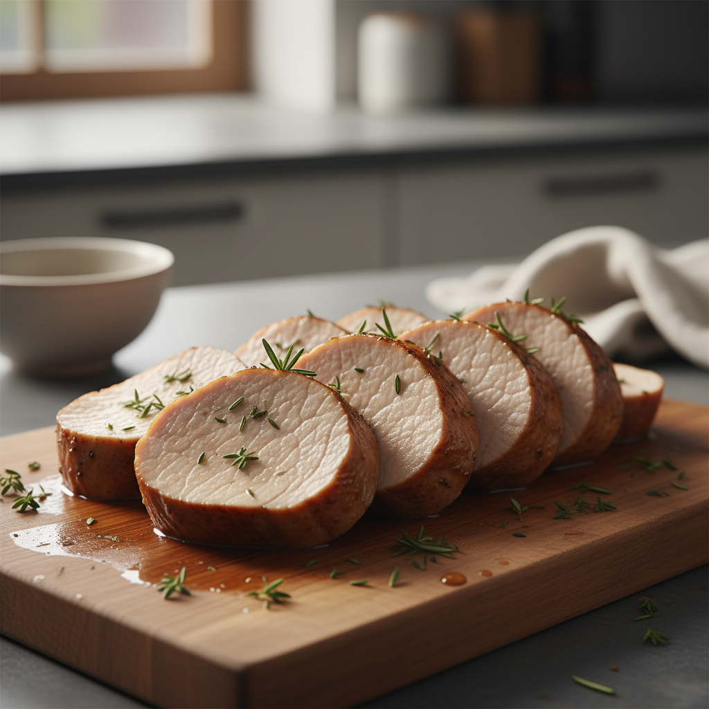 Juicy baked pork tenderloin sliced with herbs on a cutting board