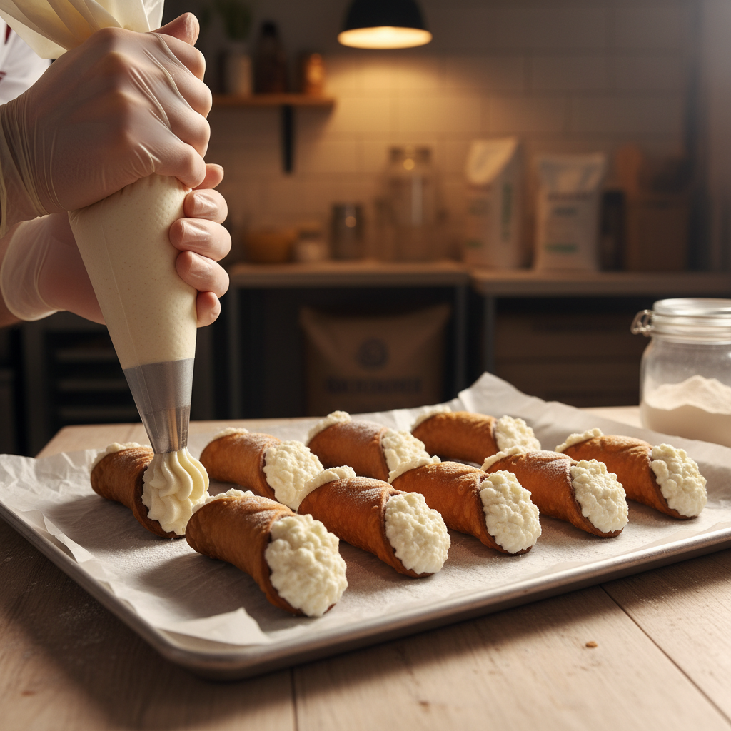 Cannoli being filled with ricotta cream using a piping bag