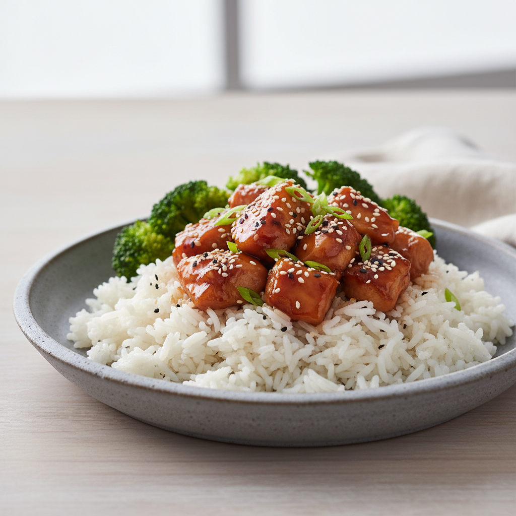 Teriyaki chicken bowl with rice and broccoli