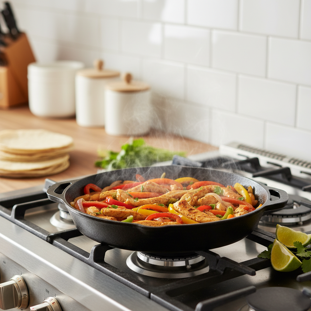 One-skillet chicken fajitas with peppers and onions searing in a cast-iron pan
