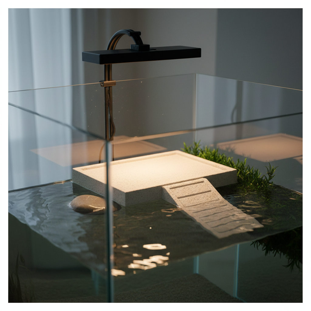 Aquarium turtle dock positioned away from filter flow with a gentle ramp angle