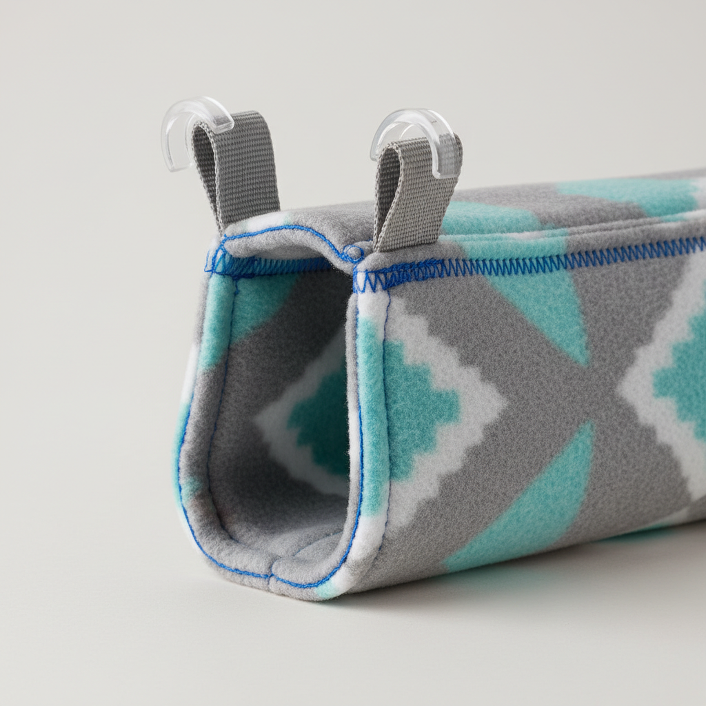 Close-up of safe fleece stitching and secure clips for a sugar glider soft hide